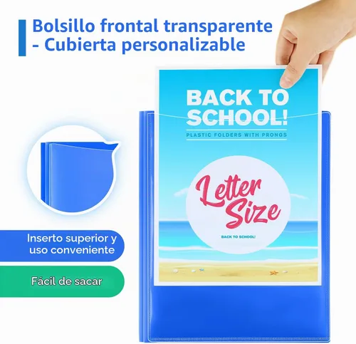 Vista 2 de Carpetas de plástico KTRIO con bolsillo frontal transparente, paquete de 4 carpetas con bolsillos y tachuelas, carpetas resistentes de 2 bolsillos