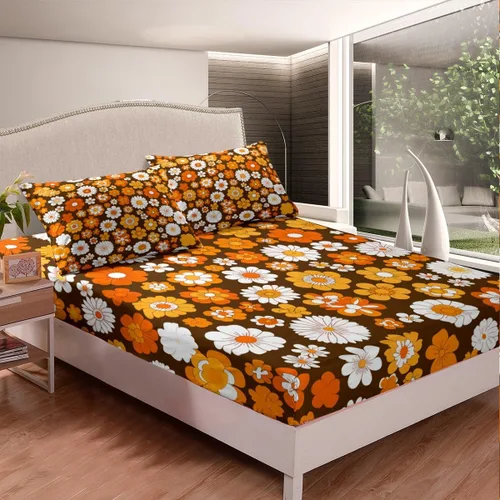 Vista 3 de Feelyou Juego de sábanas Groovy de los años 60 y 70 para niños, diseño retro de flores hippie con bolsillo profundo, sábana bajera vintage, bohemio