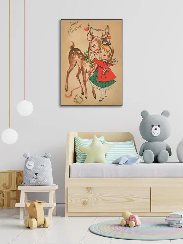 Vista 3 de Huabsad Arte de pared vintage de Navidad, regalos retro para niños, niñas lindas abrazando ciervos, impresiones estéticas de imágenes rústicas