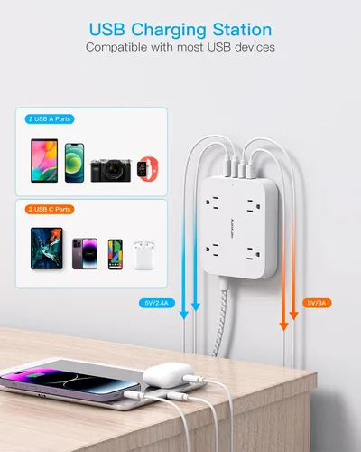 Vista 3 de Cable de Extensión con Enchufe Plano, HANYCONY Regleta de 5 pies con 4 Puertos USB (2 USB C), Extensor de 4 Tomas Amplias, Montaje en Pared
