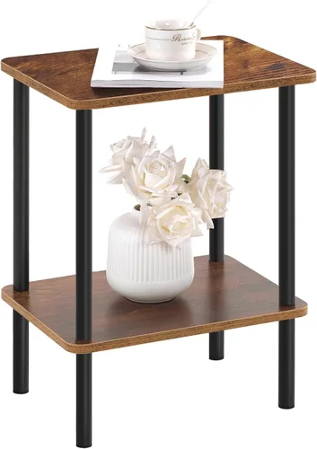 Vista 20 de Apicizon - Mesa auxiliar de 2 niveles, pequeña mesa auxiliar con patas de madera maciza, mesa de noche estilo boho con estante de almacenamiento