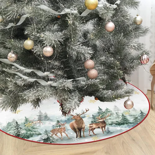 Vista 7 de Falda de árbol de Navidad de 48 pulgadas, falda de árbol de Navidad de poliéster con patrón de copo de nieve, ciervo, muñeco de nieve, decoraciones