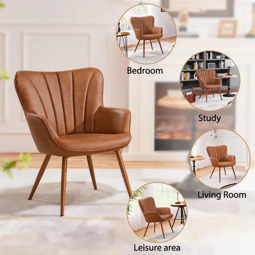 Vista 6 de Yaheetech Silla de Brazos de Piel Sintética PU, Silla Decorativa Moderna con Patas Metálicas, Cómoda Silla Barril Tapizada para Sala de Estar Marrón