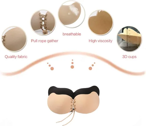 Vista 4 de Sujetador adhesivo 2 pares sin espalda, sin tirantes, adhesivo, invisible, brasier push up para mujer, negro (Black and Beige), Grande