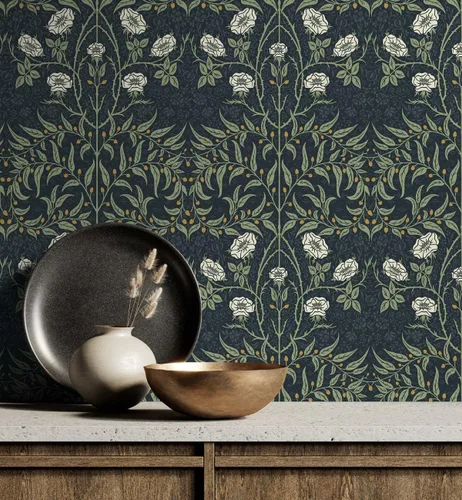Vista 2 de NextWall Papel tapiz floral estarcido despegable y adhesivo (azul marino y salvia)
