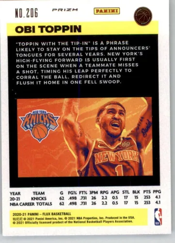 Vista 2 de 2020-21 Panini Flux Pulsar #206 Obi Toppin New York Knicks RC Rookie Card Official NBA Basketball Card in Raw (NM or Better) Condition