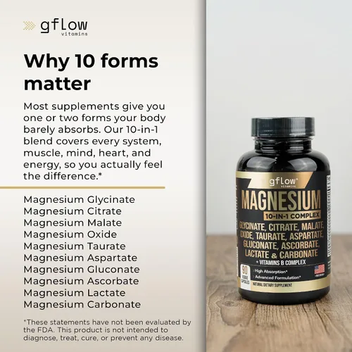 Vista 3 de gflow vitamins Suplemento complejo de magnesio – 10 formas activas, glicinato, citrato, malato, óxido, taurato, aspartato, gluconato, ascorbato