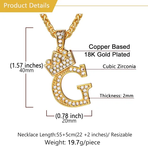 Vista 6 de U7 Collar con inicial de corona de la A a la Z, colgante de letra con cadena de 22 a 24 pulgadas, para hombres y mujeres, joyería con nombre