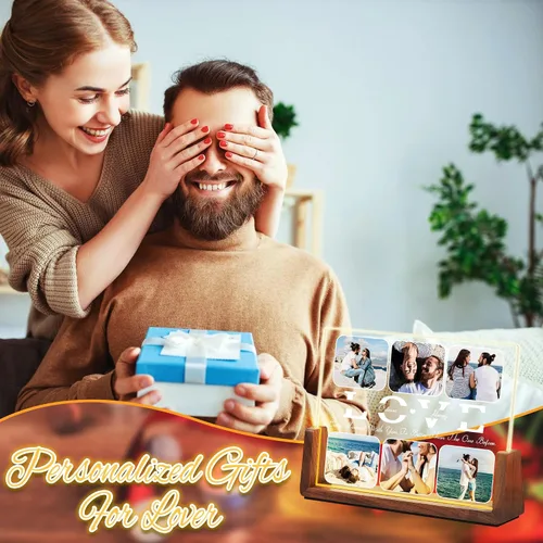 Vista 2 de Regalos de cumpleaños personalizados para parejas, para novio, novia, marido, esposa, marco de fotos iluminado con placa acrílica personalizada