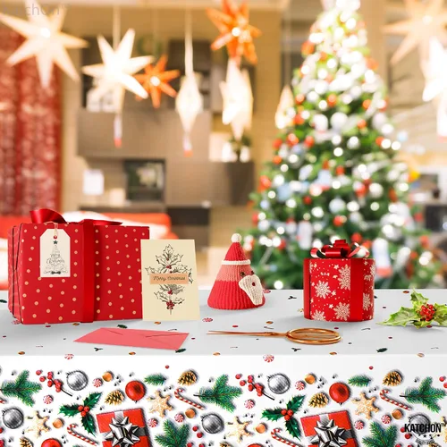 Vista 4 de KatchOn, XtraLarge - Mantel de Navidad de plástico, paquete de 3, 108 x 54 pulgadas, mantel de vinilo desechable de Navidad, decoraciones navideñas