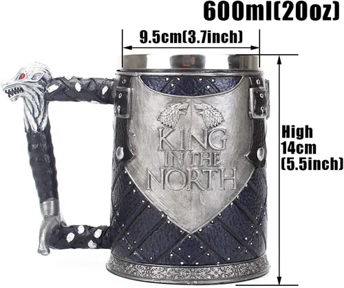 Vista 5 de Taza de cerveza personalizada, estilo grabado, taza de cerveza, con cuerno, Dragon King in The North de acero inoxidable, para café, cerveza, tazas