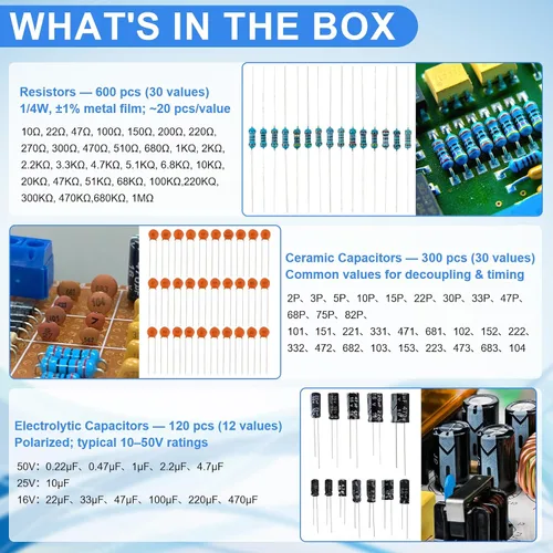 Vista 2 de Kit de 1530 piezas de componentes electrónicos – Set de inicio para laboratorio electrónico 830-Tie Breadboard, resistencias de película metálica