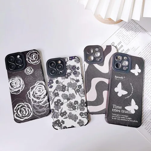 Vista 2 de Funda diseñada para iPhone 14 Pro, diseño de patrón de ondas, para mujer, funda protectora de piel sintética negra, funda protectora de silicona