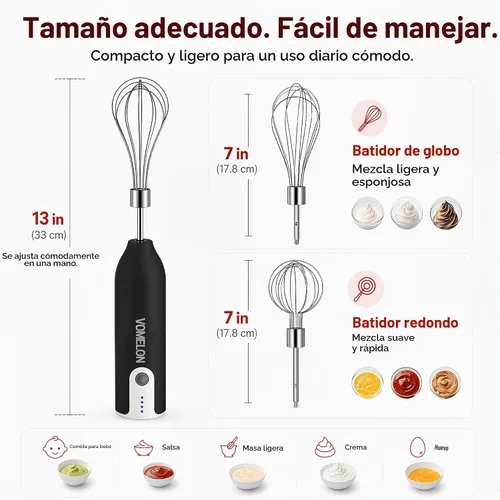 Vista 5 de Batidora de mano eléctrica con varillas Batidora de huevos recargable inalámbrica de mano con 2 cabezas de mezcla de acero inoxidable Batidora