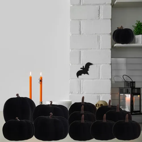 Vista 8 de Juego de 12 calabazas artificiales de terciopelo para Halloween, tela de cocina sintética de cosecha de otoño, espuma de granja, porche, mesa