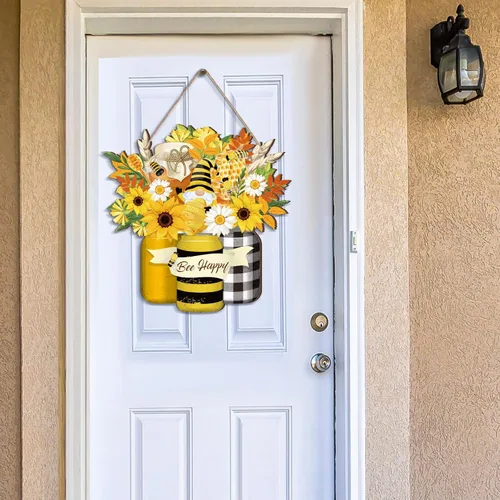 Vista 4 de Señal de bienvenida de abeja en madera, letrero de abeja amarilla, gnomo de flor de abeja, letrero de madera colgante para puerta, decoración