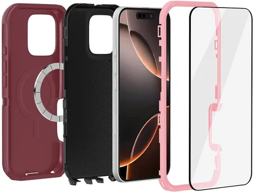 Vista 3 de Funda magnética para iPhone 16 Pro Max resistente con 2 protectores de vidrio templado y protector para lente de cámara, protección de golpes