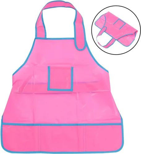 Vista 7 de GALPADA Delantal de pintura para niños, delantal de pintura, suministros de arte, delantal de plástico para niños, Rosado