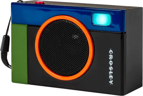 Vista 8 de Crosley CR3051A-BK Flashback Altavoz Bluetooth portátil retro con luces LED, diseño de cámara vintage, negro