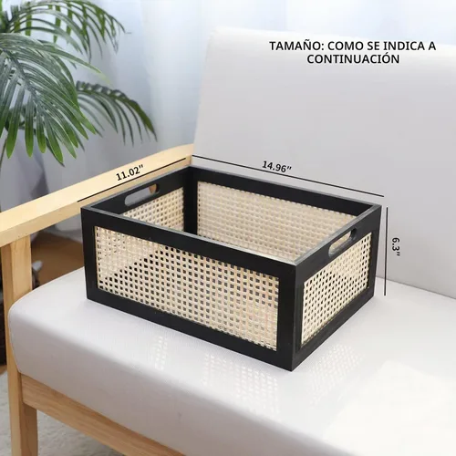 Vista 3 de Cesta de madera negra, cesta de almacenamiento de ratán para organizar, 14.96 x 11.02 x 6.30 pulgadas Negro