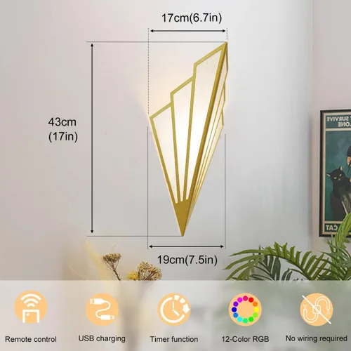 Vista 4 de Juego de dos apliques de pared modernos que funcionan con pilas, lámpara de pared simple y creativa Art Deco con control remoto, luz de pared LED