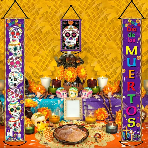 Vista 5 de Juego de 3 pancartas de decoración del Día de los Muertos para fiesta mexicana, decoración del Día de los Muertos, letrero de porche, bandera