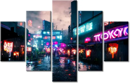 Vista 98 de Cuadros de 5 paneles de Cyberpunk City, arte de pared, representación de vallas publicitarias, edificios modernos en la capital con obras de arte