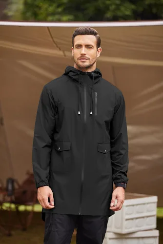 Vista 2 de COOFANDY - Impermeable largo y ligero para hombre, chaqueta con capucha para exteriores