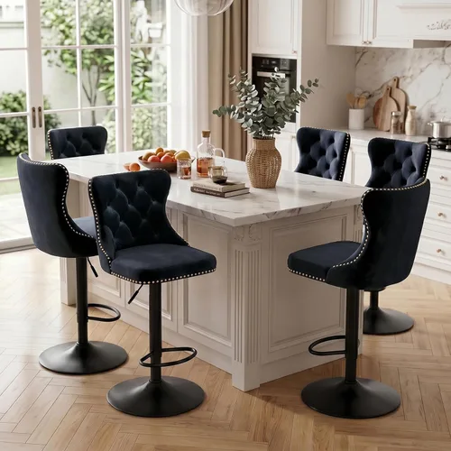 Vista 313 de SoarFlash Juego de 2 taburetes de bar tapizados de terciopelo moderno con patas de madera, botones acolchados, cabeza de clavo cromada, asiento