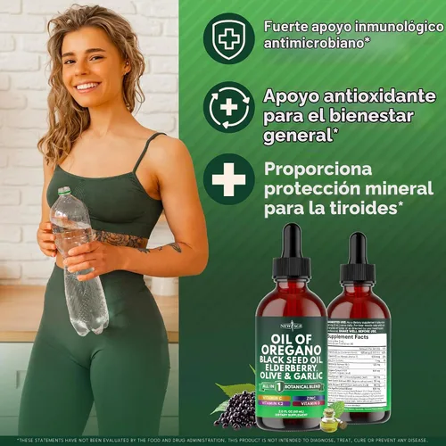 Vista 3 de NEW AGE Gotas de aceite de orégano - Aceite de semilla negra, saúco, vitamina D, D3, K2, oliva, ajo, suplemento de apoyo inmunológico, fórmula