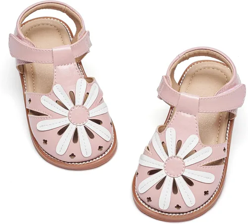 Vista 20 de Sandalias de verano para niñas con puntera abierta, sandalias planas de princesa con suela cómoda D742 Oro