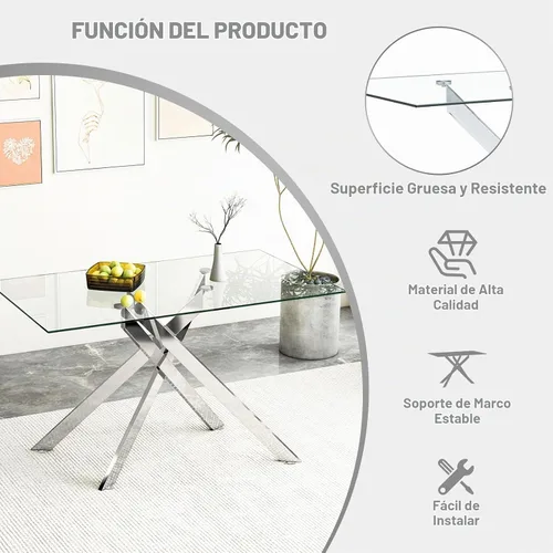 Vista 7 de Juego de mesa de comedor de cristal de 51" para 4, gris Tapa de vidrio templado, patas de metal plateado, sillas de terciopelo, juego de comedor