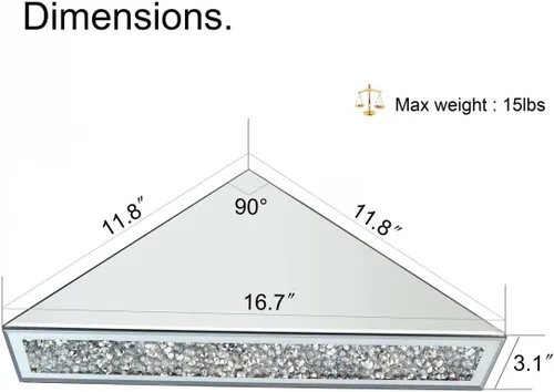 Vista 3 de Juego de 2 estantes esquineros flotantes con espejo de 11.8 pulgadas, estantes de pared de diamantes triturados triangulares plateados