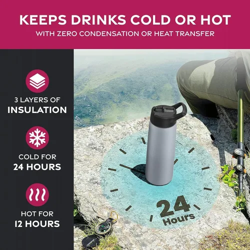 Vista 4 de Botellas de agua de acero inoxidable con triple aislamiento con pajilla, botellas de agua reutilizables aisladas de 25 onzas con 3 tapas, botella