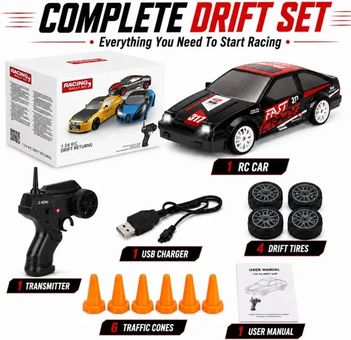 Vista 7 de Liberty Imports RC Drift Car 1/24 2.4GHz 4WD Control remoto Sport Racing Vehículo en carretera con luz LED, baterías y neumáticos de deriva