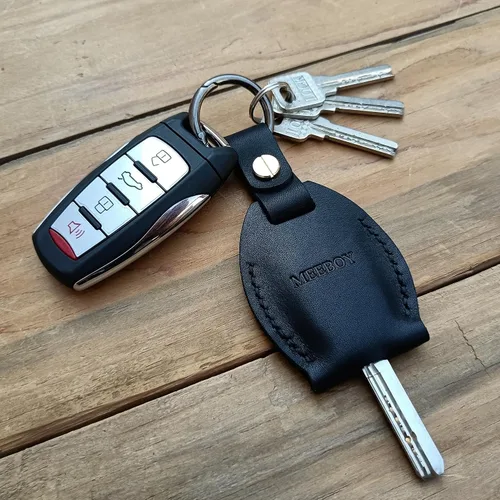 Vista 5 de Llavero hecho a mano de cuero con llavero protector de gran capacidad, funda protectora para llaves