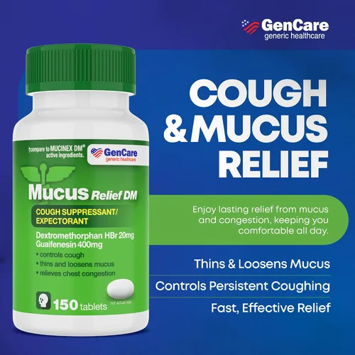 Vista 2 de GenCare - Alivio de mucosidad DM (frasco de 150 unidades) Dextrometorfano HBr 20 mg Guaifenesina 400 mg Alivio genérico de mucosidad DM Pastilla