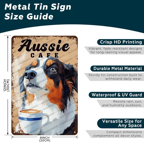 Vista 2 de Cartel de metal de café con diseño de perro y cafetería, diseño de pastor australiano, decoración de pared, 12 x 8 pulgadas