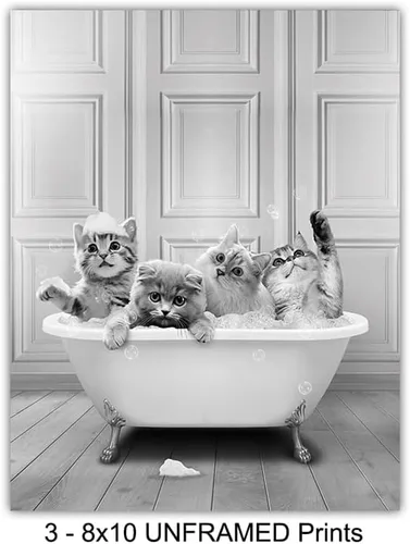 Vista 4 de Arte y decoración de pared de baño de gatos para niños, bonitas imágenes de baño de gatos para mujeres, decoración de baño pequeña, juego de baño