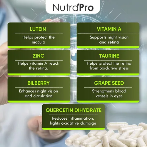 Vista 6 de NutraPro Apoyo a la visión: las mejores vitaminas para los ojos para una visión borrosa. Suplementos oculares para adultos con luteína para la salud