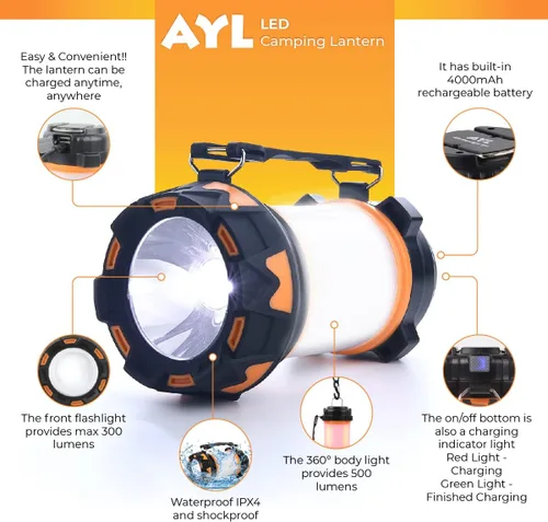 Vista 6 de AYL - Linterna LED de camping recargable, linterna superbrillante con luz de 360 grados, banco de energía, resistente al agua IPX4 para emergencias
