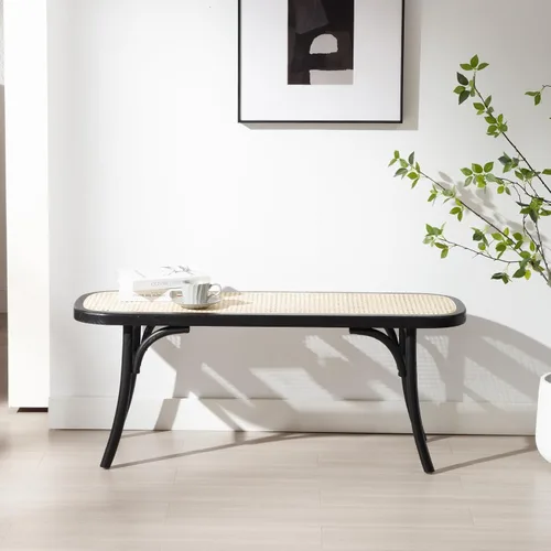 Vista 2 de Banco de comedor de madera negra con asiento de ratán, banco de acento bohemio para entrada, dormitorio, extremo de cama, ventana de cocina, espacio