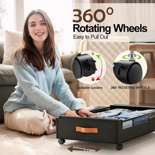 Vista 6 de LAMU Almacenamiento debajo de la cama con ruedas, paquete de 2 contenedores de almacenamiento debajo de la cama con tapa transparente y asa de piel