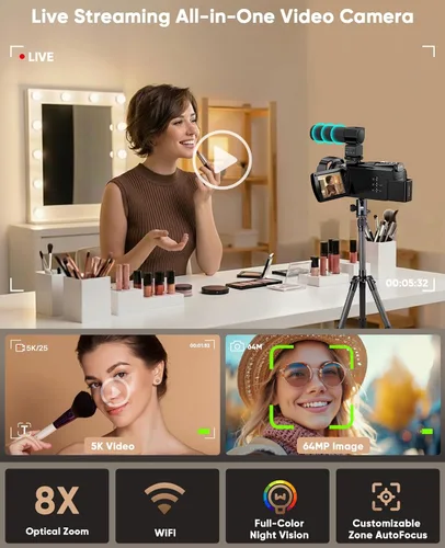 Vista 7 de Cámara de video 5K Videocámara 8X Zoom Opitical Cámaras de transmisión en vivo Cámara de 64MP Vlogging para YouTube con visión nocturna a todo