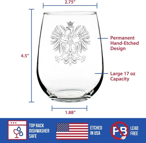 Vista 4 de Custom Polish Eagle Personalized Stemless Wine Glass - Poland Gifts or Party Decor for Women & Men - Large 17 Oz Wine Glasses - Customized Wine