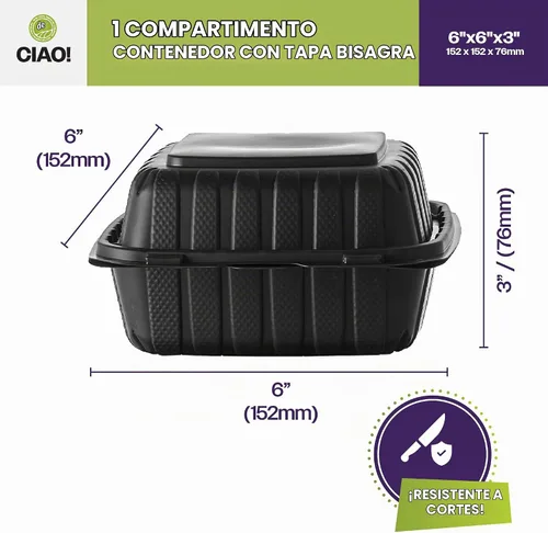 Vista 4 de CIAO! Contenedor negro con bisagras MFPP de 6"x6"x3" con tapa, 1 compartimento (caja de 300)
