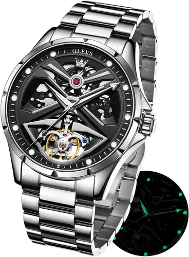 Vista 7 de OLEVS Watches for Men Skeleton Automatic Mechanical Watches Self Winding Waterproof Dress Mens Watches Fashion Business Luminous Male Wrist Watches