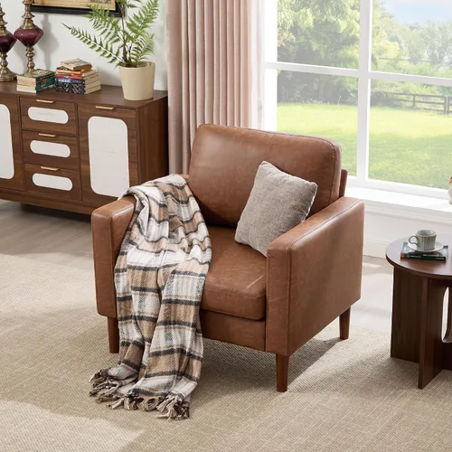 Vista 27 de Kingfun Silla decorativa, sillas de sala de estar, sillón de lectura de chenilla, de mediados de siglo con pie de madera maciza, decoración moderna