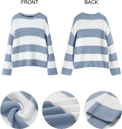 Vista 45 de ZESICA Suéter tejido sin botones de manga larga y cuello redondo, a rayas, bloques de color, cómodo, holgado, talla extragrande para mujer de 2024