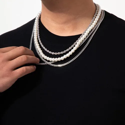 Vista 2 de YERTTER Collar gótico de cadena de plata de 4 capas para hombre, cadena de perlas, cadena gruesa, cadena torcida, cadena plana, gargantilla